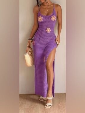Purple Crochet Floral Appliqué Backless Maxi Dress Size M